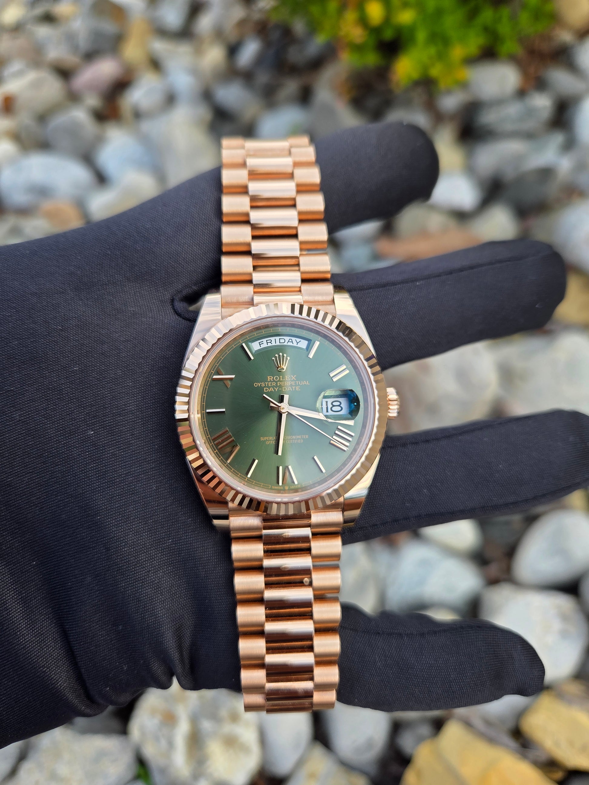 Rose Gold Olive Day Date On Wrist Wrist Ref 228235 Rolex Day Date